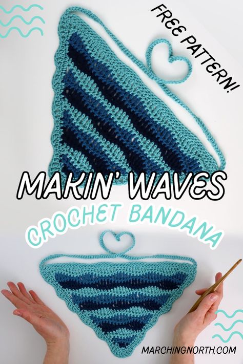 Learn how to make the "Makin' Waves" Crochet bandana with this free pattern and step by step video tutorial!  It's the perfect crochet project for summer! Simple Crochet Bandana, Crochet Clothes Videos, How To Crochet A Bandana, Knit Bandana Pattern Free, Beach Crochet Ideas, Crochet Head Scarf Pattern Free, Crochet Pattern Bandana, Crochet Bandana Tutorial, Crochet Bandana Pattern Free