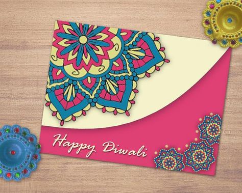 Handmade Diwali Cards, Diwali Cards Handmade Creative, Diwali Card Ideas, Mandala Greeting Cards, Handmade Diwali Greeting Cards, Diwali Mandala, Diwali Card Making, Deepavali Greetings Cards, Diwali Wish