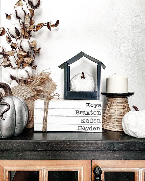 THE FARMHOUSE BLOG 🌿 on Instagram: “Fall decorating today with our new custom stamped books by @mamastayshome2 and of course some @hobbylobby decor!��🍁🙌 What do you think? Have…” Stamped Books, Farmhouse Books, Decoration Pieces, Gift Display, Farmhouse Halloween, Books Vintage, Book Stamp, Decoration Piece, Custom Book