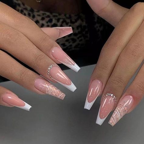 Rhinestone Glitter Powder White French Long Ballet Fake Nails Fashion Detachable Finished False Ongles Bling Bling, Ballet Nails, Nagel Tips, French Tip Acrylic Nails, Gradient Nails, Nail Length, Stick On Nails, Prom Nails, Nail Art Hacks