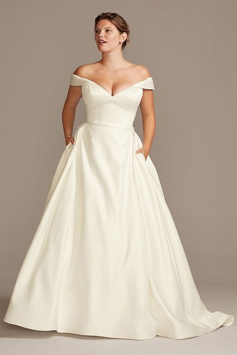 Off Shoulder Satin Gown Plus Size Wedding Dress | David's Bridal Satin Ball Gown Wedding Dress, Buy Wedding Dress Online, Plus Wedding Dresses, Satin Ball Gown, Davids Bridal Wedding Dresses, Buy Wedding Dress, Gaun Fashion, Gown Plus Size, Ball Gown Skirt