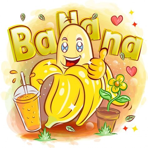 Cute yellow banana with a glass of juice | Premium Vector #Freepik #vector #banana-cartoon #fruit-cartoon #fruit-character #food-character Banana Juice, Food Character, Smoothie Jar, Glass Of Juice, Cute Cartoon Food, Banana Wallpaper, Food Characters, Monkey Banana, Breakfast Juice