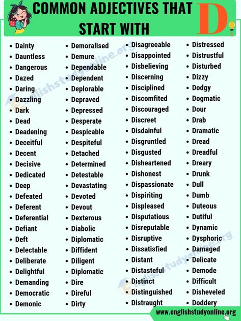 A Huge List of 100+ Adjectives That Start with D with ESL Image - English Study Online Powerful Adjectives, Phonic Charts, Writing Rules, Common Adjectives, Ielts Vocabulary, List Of Adjectives, Adjective Words, Scrabble Words, English Adjectives