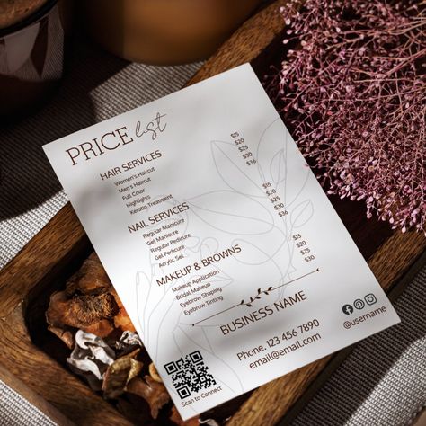 Esthetician Service Price List Bohemian Scan Me Menu Card Design, Scan Me, Esthetician Marketing, Gel Pedicure, Custom Flyers, Price List Template, Eyebrow Tinting, Nail Services, Acrylic Set