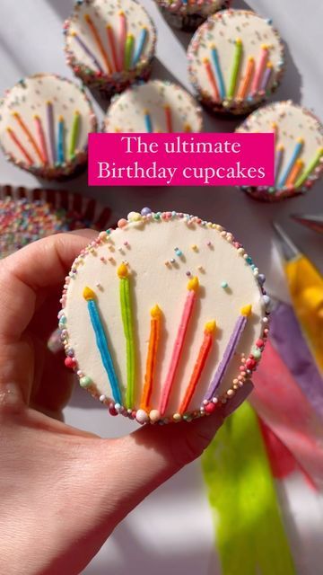 Alex LaRosa on Instagram: "It’s my birthday 🎈 ✨start with a flat top cupcake ✨trace your candles with a toothpick ✨use tip to make your candles ✨use tip 2 to pipe your flames Supplies @nycake Piping tips @wiltoncakes Sprinkles @riverroadsprinkleco . . . . . #alexlarosabakery #birthdaycupcakes #birthdaycandlecupcake #rainbowcupcakes #buttercreamcandles #cupcaketutorial #cupcakedecorating" Flat Top Cupcake Decorating, Cupcake Sprinkles Decoration, Cupcakes Decoration With Sprinkles, Flat Frosting Cupcakes, Flat Top Cupcake Frosting, Flat Cupcake Frosting, Flat Top Cupcakes, Birthday Cupcakes Sprinkles, Decorated Cupcakes Ideas