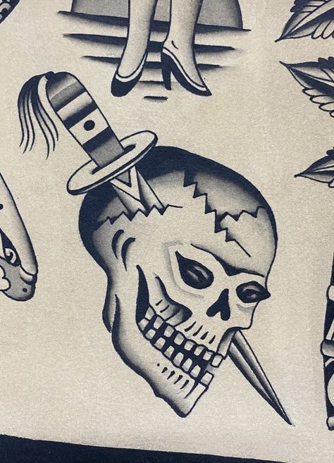 Skull Tattoo Traditional, Edgy Tattoos, Trad Tattoos, Tattoo Skull, Tattoo Reference, Traditional Flash, Tattoo Traditional, Traditional Tattoo Flash, Tattoo Flash