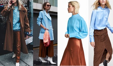 Brown With Blue Outfit, Blue Color Combinations Clothes, Blue And Brown Fashion, Dark Brown And Light Blue Outfit, Blue And Brown Outfit Aesthetic, Brown And Blue Outfit Color Combos, Light Blue And Brown Outfit, Chocolate Brown Color Combinations, Blue And Brown Outfits For Women