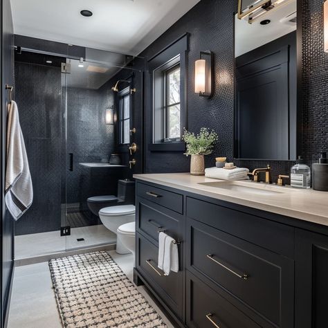 Dramatic Guest Bathroom, Black Master Bath Ideas, Black Master Bath, Black And White Bathroom Design, Fancy House Design, All Black Bathroom, Black Gold Bathroom, Black Bathrooms, Bathroom Things