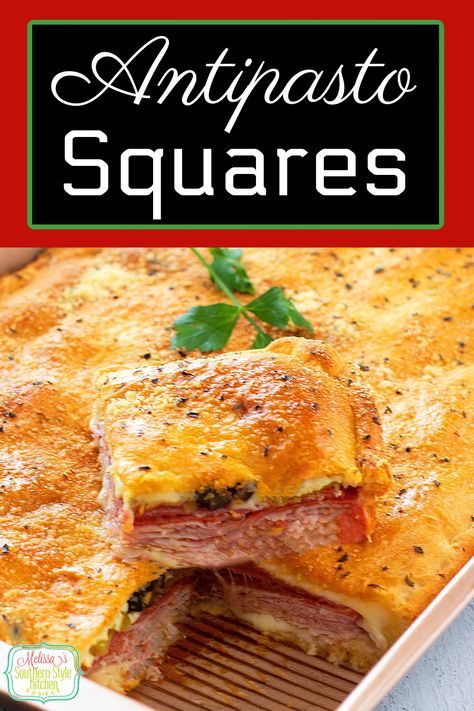 These stuffed Italian Antipasto Squares can take you from casual meals and family snacking to tailgating and beyond. #antipasto #antipastosquares #appetizers, #crescentrolls #crescentrollrecipes #tailgating #Italian #crescentsquares via @melissasssk Antipasto Squares, Antipasto Recipes, Baked Appetizers, Bubble Bread, Italian Antipasto, Small Pizza, Family Snacks, Crescent Roll Recipes, Italian Appetizers