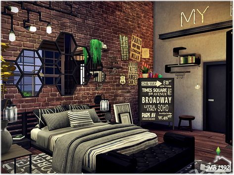 nobody1392's Industry Bedroom Sims 4 Industrial Bedroom, Sims 4 Boys Room Cc, Sims 4 Industrial Cc, Sims 4 Boys Room, Sims 4 Teen Bedroom Cc, Sims 4 Teen Bedroom, Bedroom Brick Wall, Sims 4 Loft, Teen Boy Room Decor