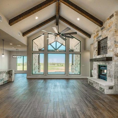 A grand view inside and out! #grandendeavorhomes #dreamhome #customhomes #texasrealestate #texasrealtor #atxrealestate #atxrealtor… | Instagram Dream Home Ranch Style, Grand Endeavor Homes, Neutral House Design, Vaulted Ceiling Floor Plan, Grand Fireplace Ideas, Vaulted Living Room With Beams, Dream Ranch Homes, New House Building Ideas, Ranch Home Layout