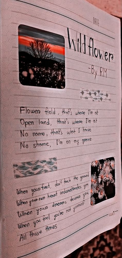 Flower Aesthetic Journal, Rm Wild Flower Fanart, Rm Wild Flower Tattoo Ideas, Wild Flowers Rm Song, Song Lyrics For Journal, Rm Indigo Album Cover, Song Scrapbook Ideas, Wild Flower Rm Song, Song Lyrics Journal Ideas