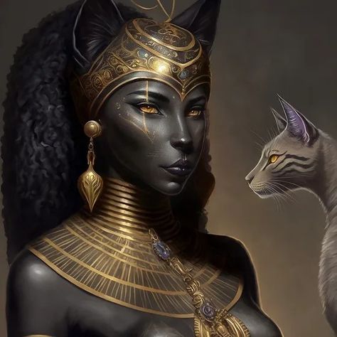 Egyptian Mythology Art, Goddess Of Protection, Bastet Goddess, Egyptian Goddess Art, Egyptian Cat Goddess, Starověký Egypt, Black Power Art, Melanin Art, Cat Goddess