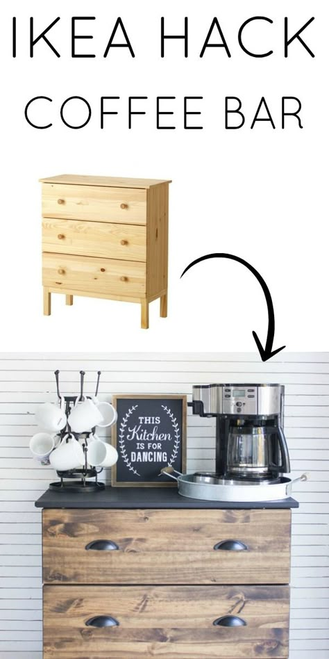 I love this Ikea hack!! Create a simple DIY coffee bar using an Ikea Tarva dresser. The wood and black make this perfect for a modern farmhouse style beverage station! Coffee Bar Essentials, Ikea Tarva Hack, Tarva Hack, Ikea Sideboard, Ikea Tarva Dresser, Ikea Tarva, Diy Sideboard, Ikea Desk Hack, Hack Ikea