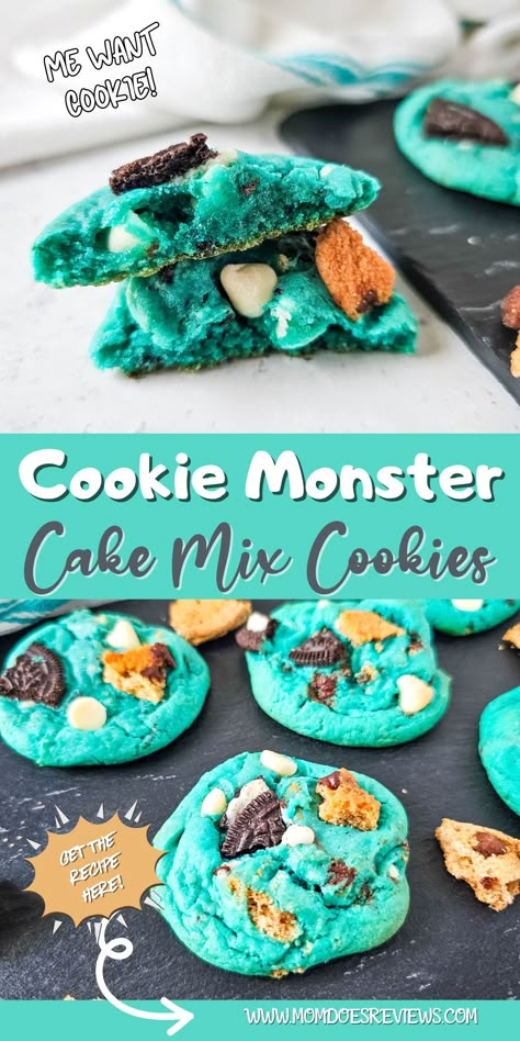 Cake Mix Cookie Monster Cookies - Mom Does Reviews Cookies And Cream Cake Mix Cookies, Cake Box Cookie Recipes, Cookie Monster Cake Mix Cookies, Cake Mix Monster Cookies, Big Batch Cookie Recipes, Cookie Monster Cookies Recipe, Halloween Cake Mix Cookies, Monster Cookie Cake, White Cake Mix Cookies