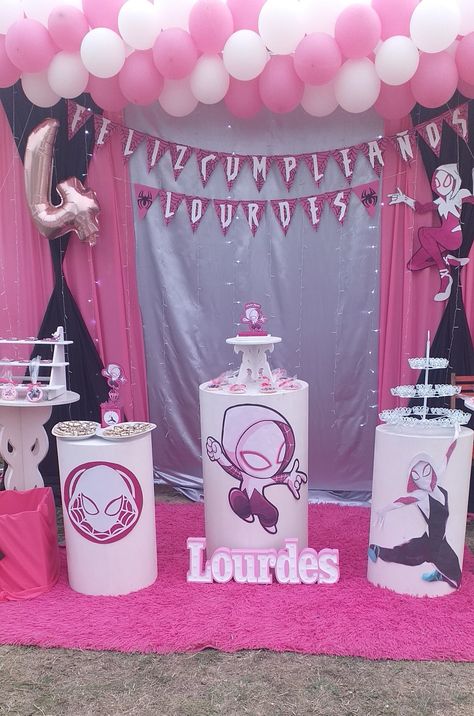 Spider Gwen Birthday Party Decor, Pink Spiderman Birthday Party, Gwen Stacy Birthday Party, Gwen Birthday Party, Spider Gwen Birthday Party, Spidergirl Birthday Party, Ghost Spider Birthday Party, Spider Gwen Birthday, Spidey Birthday