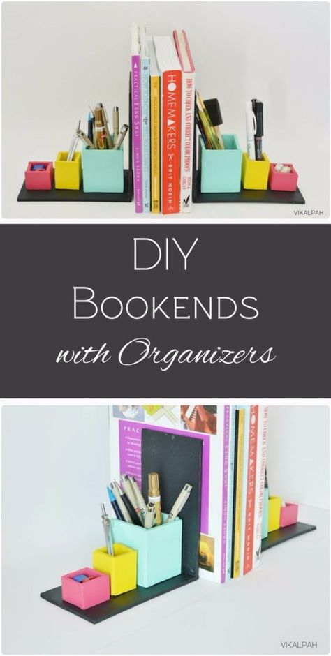 DIY Projects for Readers - DIY Bookends with Organizers - Book Storage, Bookmarks, Cool Bookshelves, Creative Projects Made With Books and For Book Lovers - Reading Lights, Bedside Table Ideas - Easy Crafts and DIY Ideas by DIY JOY http://diyjoy.com/diy-projects-for-readers Diy Bookends, Cool Bookshelves, Wooden Bookends, Bookshelf Organization, Apartment Makeover, Homeward Bound, Closet Organization Diy, Diy Event, Diy And Crafts Sewing