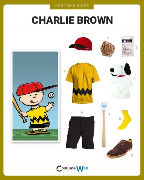 Dress up as Charlie Brown, the lovable failure, and star of the Peanuts comic strip written by Charles M. Schulz. Charlie Brown Shirt Diy, Diy Charlie Brown Costume, Charlie Brown Costume Group, Peanuts Gang Costumes, Peanuts Costumes, Charlie Brown Halloween Costumes, Peanuts Halloween Costume, Snoopy Costume, Peanut Costume