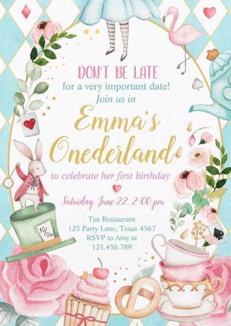 Alice in Onederland birthday tea party invitations for girls. First birthday party invites featuring Alice in Wonderland theme. Mad Hatter Tea Party Invitations, Alice In Onederland, Onederland Birthday Party, 1st Birthday Party For Girls, 1st Birthday Party Invitations, Alice In Wonderland Birthday, 1st Birthday Themes, Tea Party Invitations, 1st Birthday Invitation