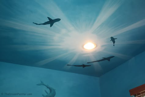 Shark Mural, Underwater Bedroom, Underwater Room, Shark Room, Ocean Room Decor, Ocean Bedroom, Ocean Mural, Ocean Themed Bedroom, Bathroom Mural