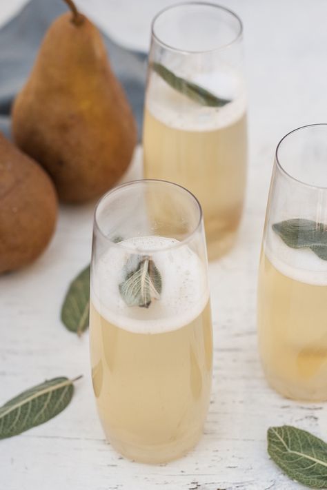 Pear + Ginger-Sage Champagne Cocktails - Dishing Up the Dirt Champagne Recipes Cocktails, Pear Ginger, Signature Cocktails Wedding, Champagne Cocktails, Winter Cocktails, Champagne Cocktail, Think Food, Triple Sec, Wedding Cocktails