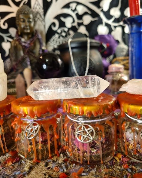 Lust And Passion Spell Jars🩷💋 Coffee Chai Cinammon Sugar Rose Petals Rose Quartz Crystals Cat Nip Write intentions on Bay leaves Pour red wax onto Jars Seal with a stamp Let candle burn down after pouring wax Add pentagram charms Passion Spell, Lust Spell, Witchcraft Store, Candle Burn, Spell Jars, Spell Jar, Sugar Rose, Bay Leaves, Quartz Crystals