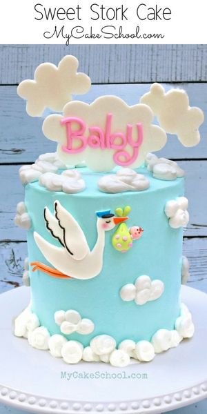 Adorable Stork Themed Baby Shower Cake Tutorial by MyCakeSchool.com! (Member Cake Decorating Video Section) via @mycakeschool Stork Cake, Storch Baby, My Cake School, Rodjendanske Torte, Stork Baby Showers, Fondant Baby, Decorating Videos, Cake Decorating Videos, Shower Cupcakes