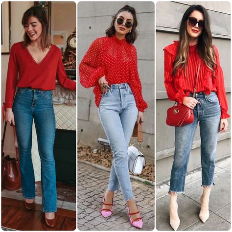 Red Shirt Women Outfit, Red Top Outfit Work, Red Shirt Blue Jeans Outfit, Red Blouse Outfit, Red Top Outfit, Blue Jean Outfits, Fashion Vocabulary, Dress Hairstyles, Classy Chic