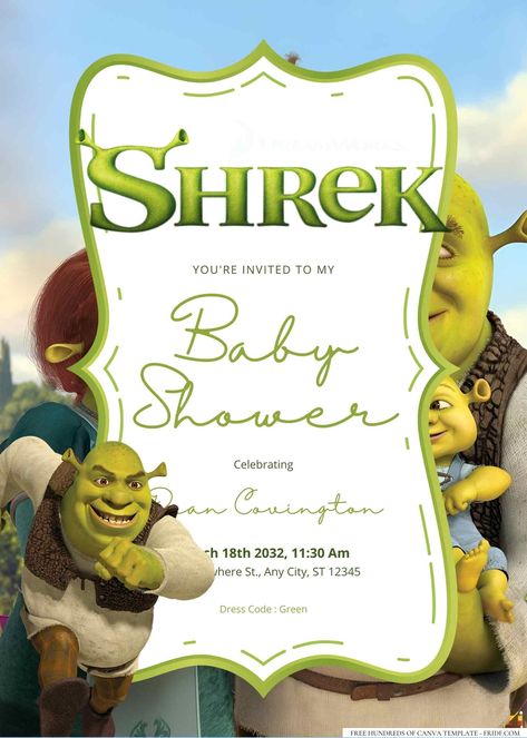 Shrek Baby Shower Invitation Templates Shrek Baby, Baby Shower Theme Decorations, Green Baby Shower, Baby Shower Diaper Cake, Themed Drinks, Baby Shower Diapers, Baby Shower Fall, Baby Shower Food, Baby Shower Gender Reveal