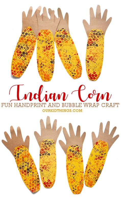 Handprint Indian Corn Craft Indian Corn Preschool Craft, Corn Handprint Craft, Corn Stalk Craft Preschool, Preschool Indian Corn Craft, Fall Flower Crafts For Kids, November Elementary Crafts, Thanksgiving Paper Plate Crafts, Handprint Vegetables, Bubble Wrap Corn Craft