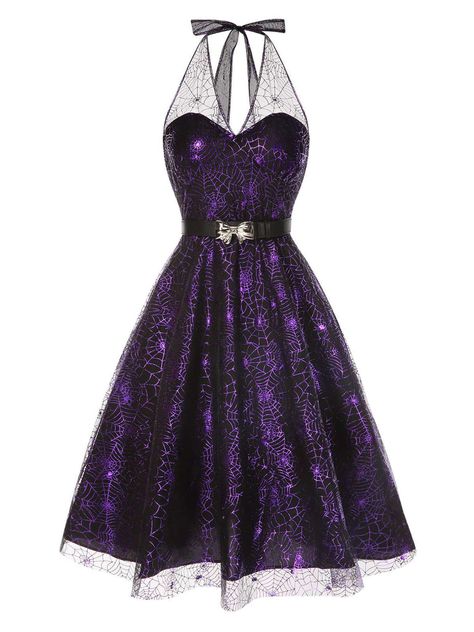 Purple Halloween Costumes Women, Purple Vampire Outfit, Purple Halloween Wedding, Sweet 13, Purple Homecoming, Spiderweb Design, Retro Stage, Purple Homecoming Dress, Haunted Castle