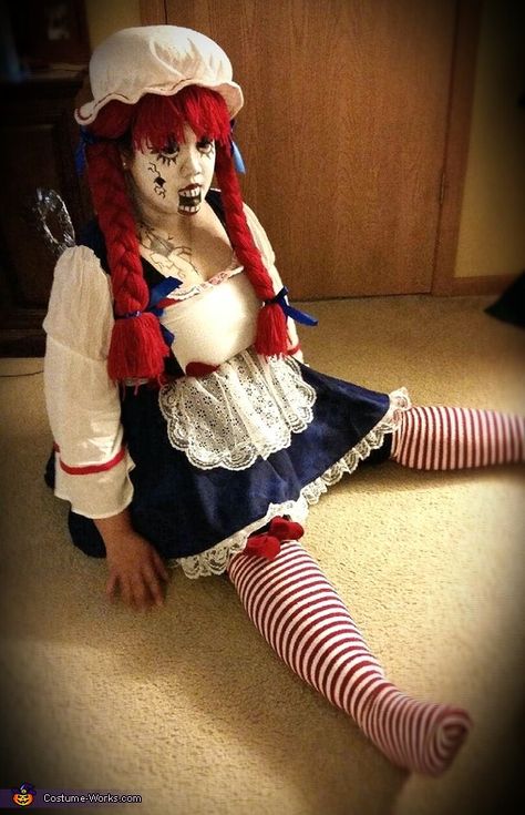 Cat: Dress, red white striped stockings, and hat with wig were store bought. I have done my make up with a clown face paint. The key was homemade by me..I used... Wind Up Doll Costume, Wind Up Doll, Clown Face Paint, Break Wind, 2015 Halloween Costumes, Clown Face, Doll Halloween Costume, Homemade Costume, Costume Works