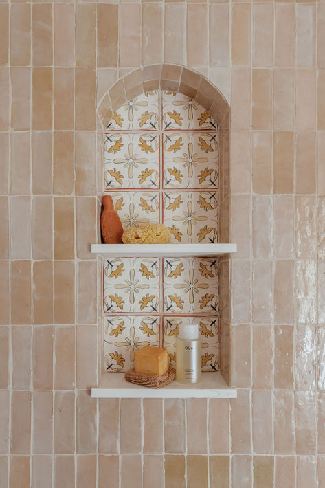 arched shower niche, shower tile, zellige tile, zia tile, tabarka tile, shower shelf, neutral shower tiles, bathroom renovation, bathroom, bathroom shower, shower ledge Spanish Shower Tile Ideas, California Bathroom Style, Kids Shower Ideas Bathroom, Showers With Niches, Vintage Shower Tile Ideas, Vintage Shower Tile, How To Tile A Shower Diy, Shower Niches Ideas, Master Shower With Bench