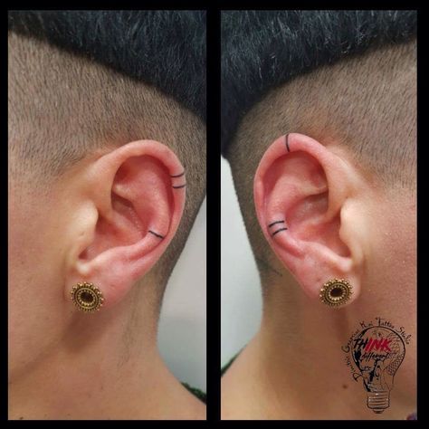 Ear Stripe Tattoo, Ear Band Tattoo, Viking Ear Tattoo, Earring Tattoo, Side Of Ear Tattoo, Ear Tattoos For Men, Ear Lobe Tattoo, Inside Ear Tattoos, Stripe Tattoo