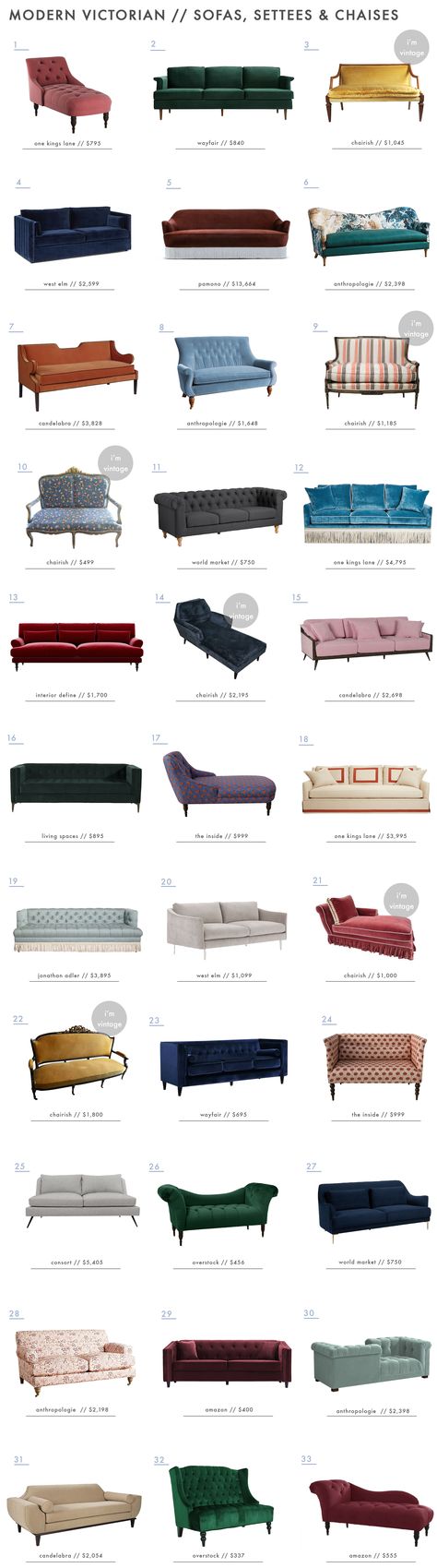 Emily Henderson Modern Victorian Trend Furniture Sofas Chaise Settee Roundup Victorian Furniture Decor, Modern Victorian Decor, Victorian Style Furniture, Modern Victorian Style, Victorian Interior Design, Victorian Sofa, Victorian Modern, Victorian Living Room, Victorian Interior