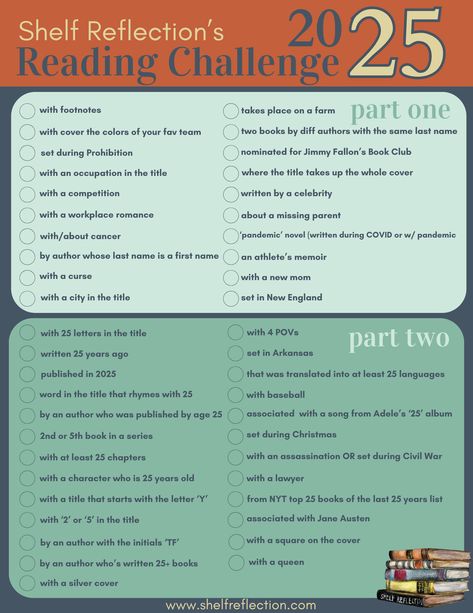 Shelf Reflection's 2025 Reading Challenge by Shelf Reflection — Shelf Reflection (Book Reviews) Book Challenges For 2025, Yearly Book Challenge, New Year Book Challenge, Book Challenges 2025, Reading Challenge Prompts, 12 Books To Read In 2025, 2025 Book Challenge, 2025 Reading Challenge, Journaling 2025