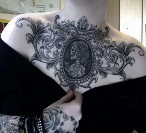 Victorian Gothic Tattoo Cameo Tattoo, Victorian Tattoo, Filigree Tattoo, Neotraditional Tattoo, Goth Tattoo, Pieces Tattoo, Chest Piece Tattoos, Chest Tattoos For Women, Gothic Tattoo