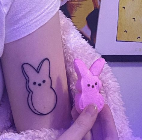 colliscool peep bunny tattoo on arm Peep Marshmallow Tattoo, Easter Tattoo Ideas, Peep Bunny Tattoo, Lil Peeps Tats, Peep Inspired Tattoos, Peeps Tattoo, Roblox Tattoo, Lil Peep Tattoo Ideas, Easter Tattoo