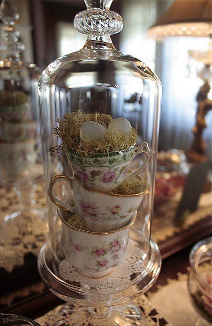 40 Ideas of How To Reuse Tea Cup Artistically Oster Dekor, Cottage Summer, Cloche Decor, Glass Cloche, The Bell Jar, Easter Centerpieces, Deco Floral, Rose Cottage, Cups And Saucers