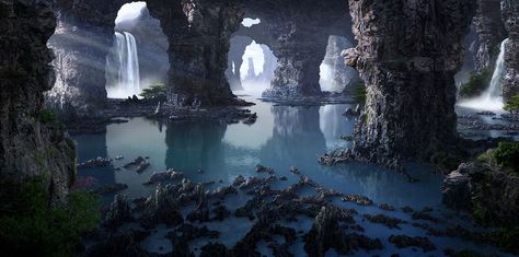 underground caves with water ~ fantasy landscape Lee Matthews, Portfolio Ideas, Landscape Concept, Fantasy City, Fantasy Setting, Fantasy Places, Matte Painting, Landscape Scenery, Fantasy Art Landscapes