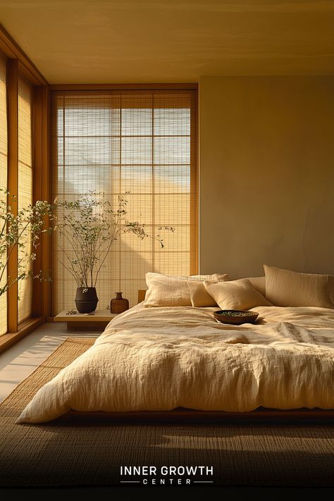 Minimalist bedroom bathed in warm light with bamboo blinds, linen bedding, and natural decor creating a serene atmosphere. Cosy Minimalist Bedroom, Tranquil Bedroom Ideas, Bed On Floor Ideas, Beds On Floor Ideas, Meditation Bedroom, Relaxing Bedroom Ideas, Calming Room, Peaceful Meditation, Restful Bedrooms