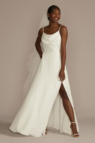 Wedding Dresses For Petite Women, Cowl Neck Wedding Dress, Simple Classy Wedding Dress, Wedding Dresses Under 500, Summer Wedding Dress Beach, Minimalist Bride, Cape Wedding Dress, Neck Wedding Dress, Davids Bridal Wedding Dresses