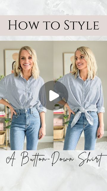 Katie Haller on Instagram: "Style Tip Tuesday!! 

I love button-down shirt, especially in spring. But styling them can be a bit tricky for some. 

Here are 2 ways I like to style my button-down shirts!

Comment LINK and I will send you the shopping details! 

Other ways to shop! 🛍️
• Download the free @shop.ltk app and search thriftywifehappylife for shopping details and sizing! 
• Go to the link page in my bio. Click on the “shop my LTK page” button.

#styletips #buttondownshirt #howtowearit #springstaples #springstyle #stripeshirt #howtostyle" Tiring A Button Up Shirt, How To Tie My Button Up Shirt, Button Up Shirt Outfit Plus Size, Shirt Tying Hacks Button Up, Ways To Style Shirt Women, Tucking In A Button Down Shirt, Different Ways To Button A Shirt, How To Wear Long Sleeve Button Up Shirts, How To Tie Button Up Shirt