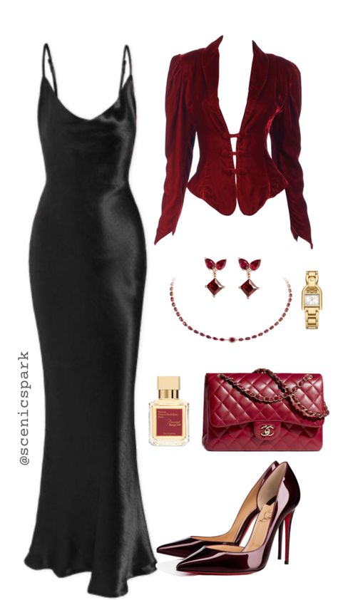 #ootd #outfits #inspo #red&black #elegant Classy Bar Outfit, Romantic Goth Outfits Casual, Elegant Goth Outfits, Club Outfits Classy, Vampy Aesthetic, Bar Night Outfit, Cherry Aesthetics, Vampire Outfits, Red Black Outfit