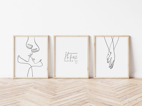 Christian Couple Line Art, Christian One Line Decor, Minimalist Modern Wall Decor, We love because He first loved us, 1 John 3:16, https://etsy.me/3jJUgeg #white #black #unframed #entryway #peopleportrait #vertical #christianwallart #couplehomedecor #manandwoman Line Art Christian, 1 John 3 16, Couple Line Art, Christian Couple, Modern Apartment Decor, Jesus Wall Art, He First Loved Us, Photo Wall Decor, Easter Prints