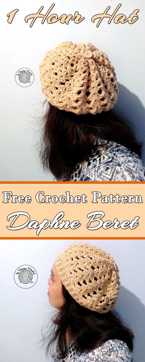 DAPHNE BERET is a FREE CROCHET PATTERN. Works up so easily and Fast. Crochet Beret Free Pattern, Crochet Pompom, Crochet Gloves Free Pattern, Crocheting Inspiration, Crochet Beret Pattern, Beret Pattern, Crocheted Beanie, Slouchy Hats, Yarn Patterns