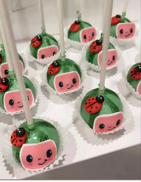 Cocomelon Popsicles, Coco Melon Treat Ideas, Cocomelon Cakepops Ideas, Cocomelon Chocolate Covered Strawberries, Cocomelon Cake Pops Ideas, Cocomelon Birthday Treats, Cocomelon Strawberries, Coco Melon Cake Pops, Coco Melon Birthday Party Ideas Diy