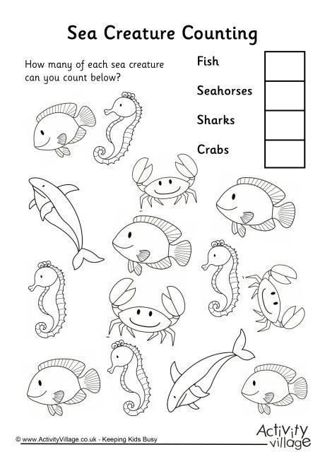 Sea creature counting 3 Water Animals Preschool, Summer Math Worksheets, Ocean Theme Preschool, Animal Worksheets, Summer Math, Counting Worksheets, Ocean Activities, Kindergarten Worksheets Printable, Printable Preschool Worksheets