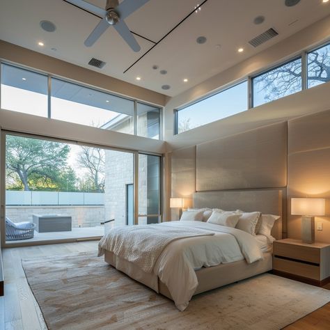 I'm a big fan of clerestory windows. Makes everything airy and elevated. #interiors #interior #interiordesign #interiordesigner #windows #bedroom #bedroomdesign Bedroom With Glass Wall, Bedroom With Big Windows, Windows Bedroom, High Windows, Bedroom Orange, Clerestory Windows, Bedroom Window, Long Windows, Primary Bedroom