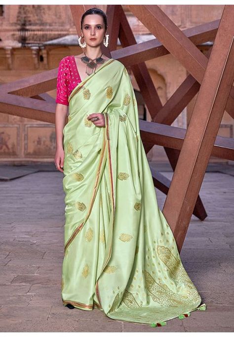 Pastel Green Zari Woven Pure Satin Saree Green Contrast Color, Satin Silk Saree, Combination Dresses, Green Color Combinations, Colored Weave, Pista Green, Sea Green Color, Silk Saree Blouse, Satin Saree